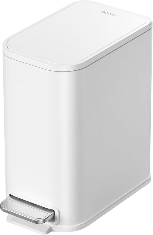 Cesun Small Bathroom Trash Can with Lid Soft Close, Step Pedal, 5 Liter / 1.3 Gallon Stainless Steel Garbage Can with Removable Inner Bucket, Waste Basket for Bathroom, Bedroom (White) DD1210