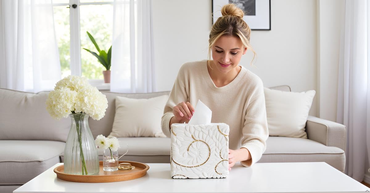 Square Tissue Box Cover Decorative Kleenex Box Holder for Bathroom & Living Room with Handcrafted Texture (colla Gold) BST220