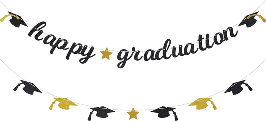 Happy Graduation Glitter Banner Graduation Congratulations Party Decorations Black Gold BST326L