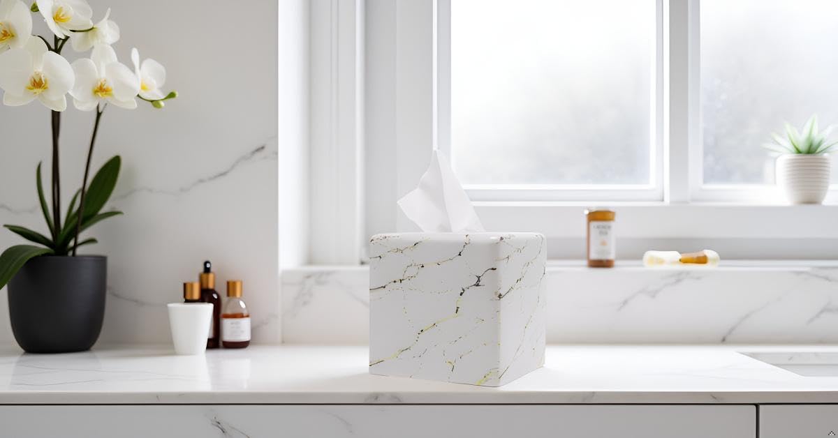 Square Tissue Box Cover Decorative Kleenex Box Holder for Bathroom & Living Room with Handcrafted Texture (colla Gold) BST220
