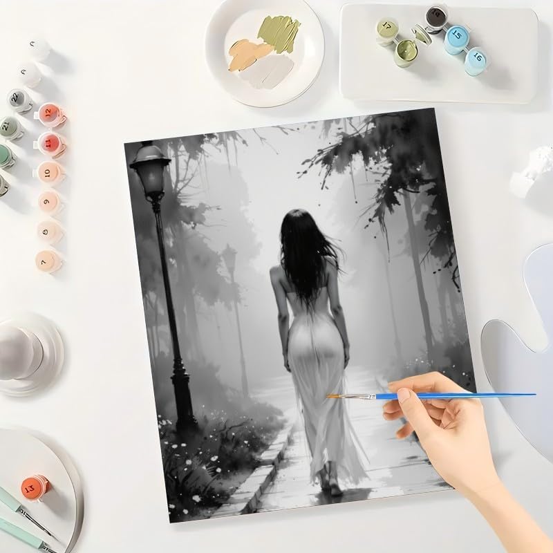TAOPAOLAB Black and White Paint by Numbers Kit for Adults - DIY Woman Walking in Foggy Forest Path Painting on Canvas 8x12In, Framed Acrylic Paint Set for Beginners, Art for Decoration BST326H
