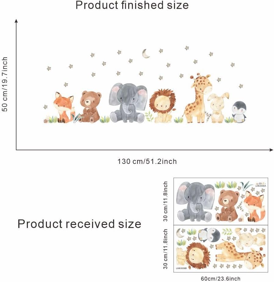 Forest Baby Animals Wall Decals Stars Elephant Lion Giraffe Fox Bear Safari Wall Stickers Baby Nursery Kids Room Living Room Daycare Wall Decor Art 51.2in*19.7in BST220