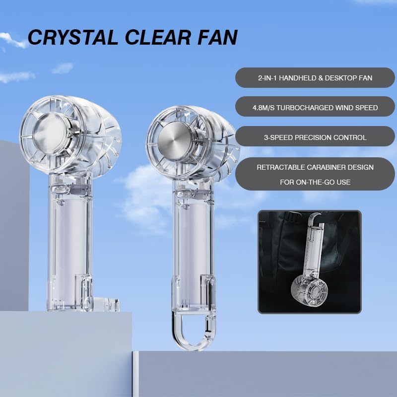 Portable Fan with Ice Cooling -Mini Handheld USB Rechargeable 3-Speed Fan Transparent Lightweight Personal Fan for Travel Desk Home and Office for Women and Men BST202