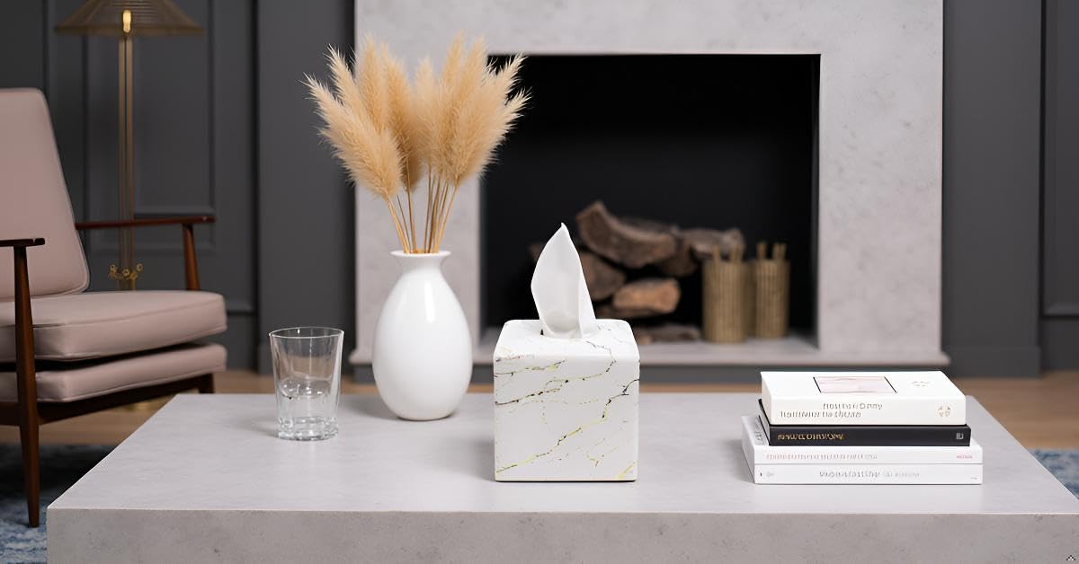 Square Tissue Box Cover Decorative Kleenex Box Holder for Bathroom & Living Room with Handcrafted Texture (colla Gold) BST220