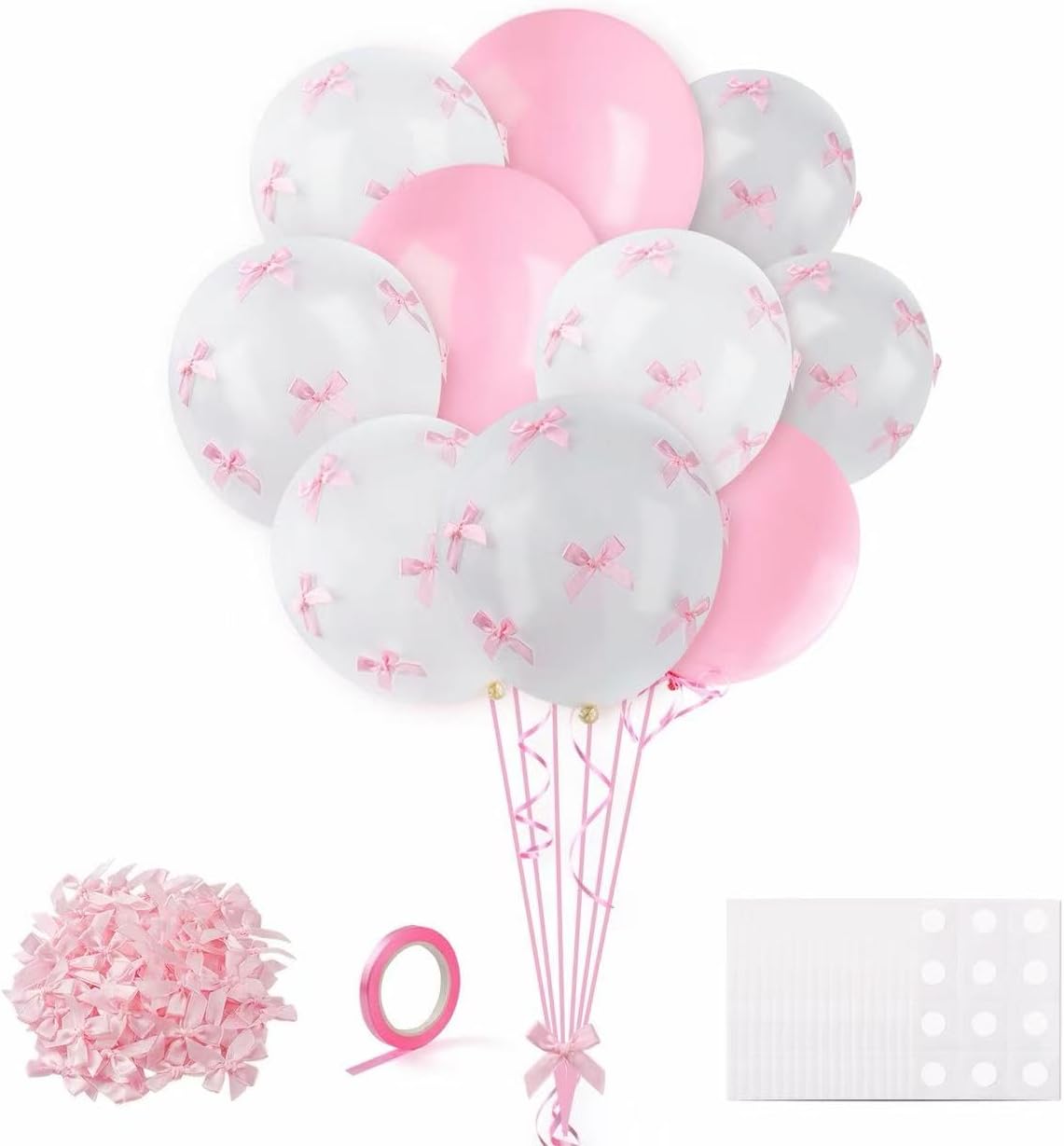 Pink Bow Balloons，32Pcs White Pink Balloons (18" & 12") & 100Pcs Mini Ribbon Bows DIY Bow Balloon Party Decor for Birthday, Wedding, Bachelorette, Anniversary Parties，Coquette Birthday Decorations BST326L