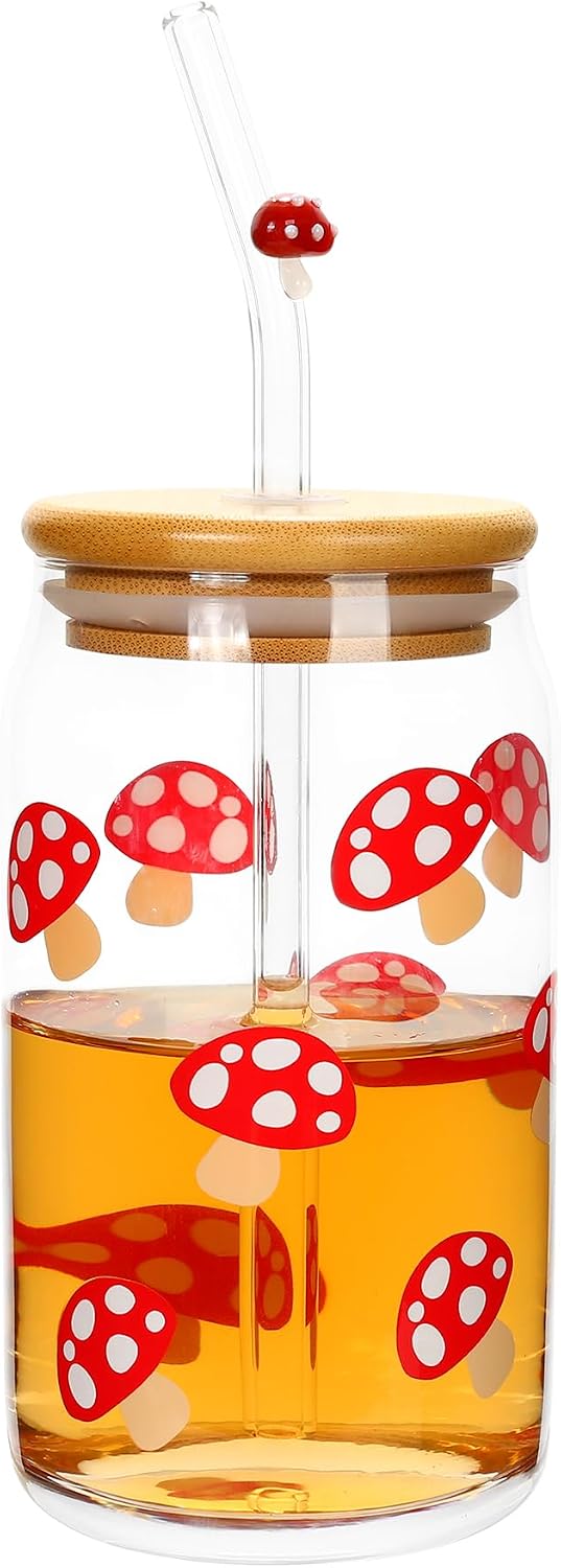 Mushroom Cup 16oz Mushroom Glass Cup with Bamboo Lid and Straw, Mushroom Things Mushroom Stuff, Mushroom Drinking Cup Coffee Tea Soda Mug Tumbler, Mushroom Gifts for Women Mushroom Lovers BST202
