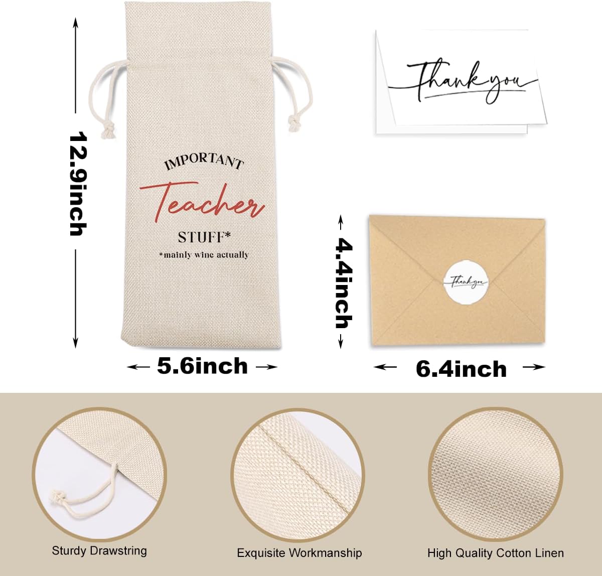 Teacher Appreciation Wine Bag With Thank You Card - Cool Christmas Birthday Gifts for Women Men - Important Teacher Stuff BST202