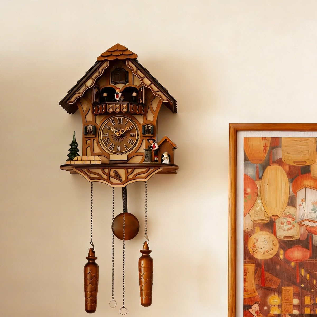 Black Forest Wooden Cuckoo Clock with Dancing Figures, Quartz Wall Clock | Nature Wood; Volume Control; Night Silent DD1210
