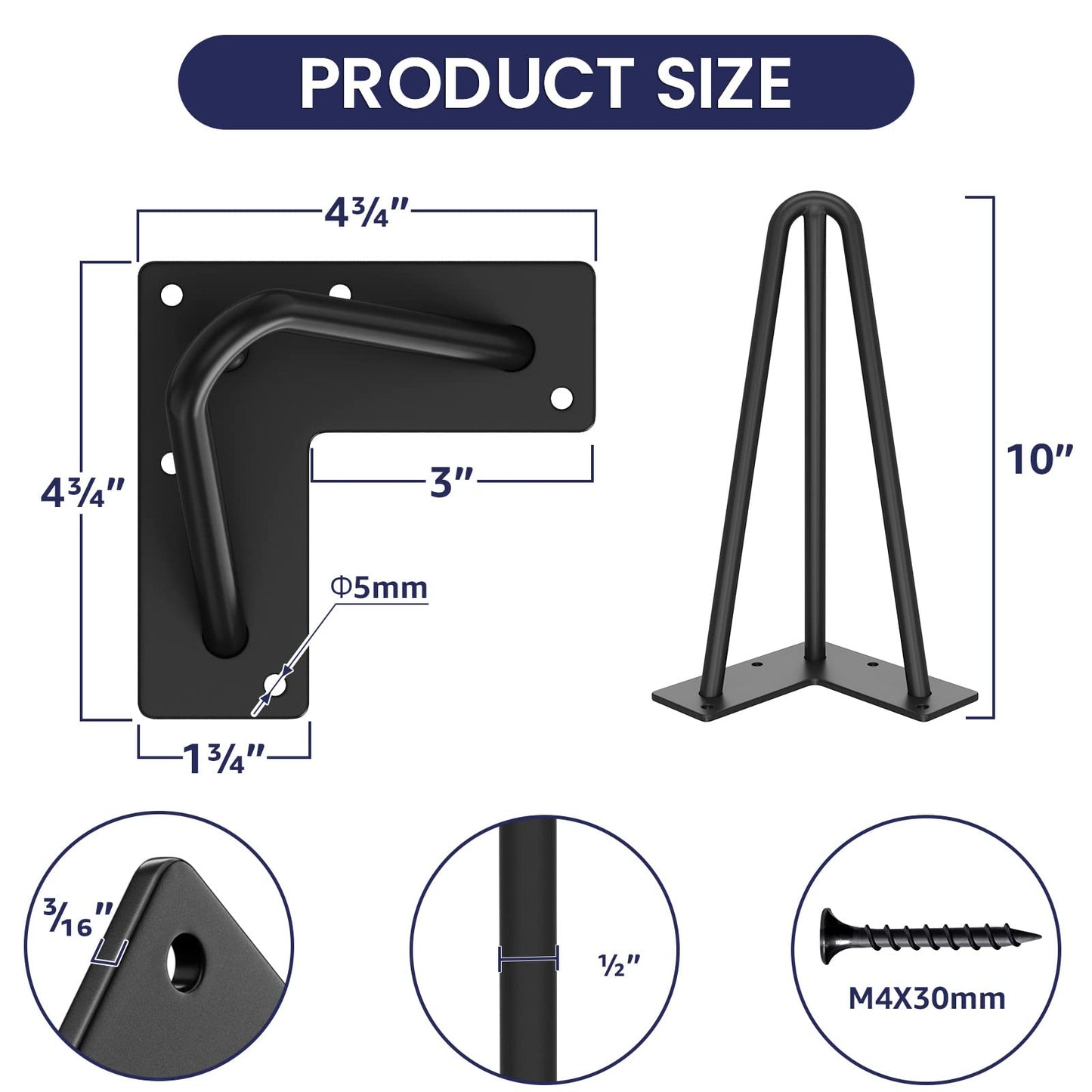 SMARTSTANDARD 16 Inch Hairpin Table Legs, 3 Steel Rods 1/2 Inch Pipe Diameter, 800lbs Load Capacity, Mid-Century Style for Coffee Table, Side Table, Night Stand (Black, 4PCS) BST220