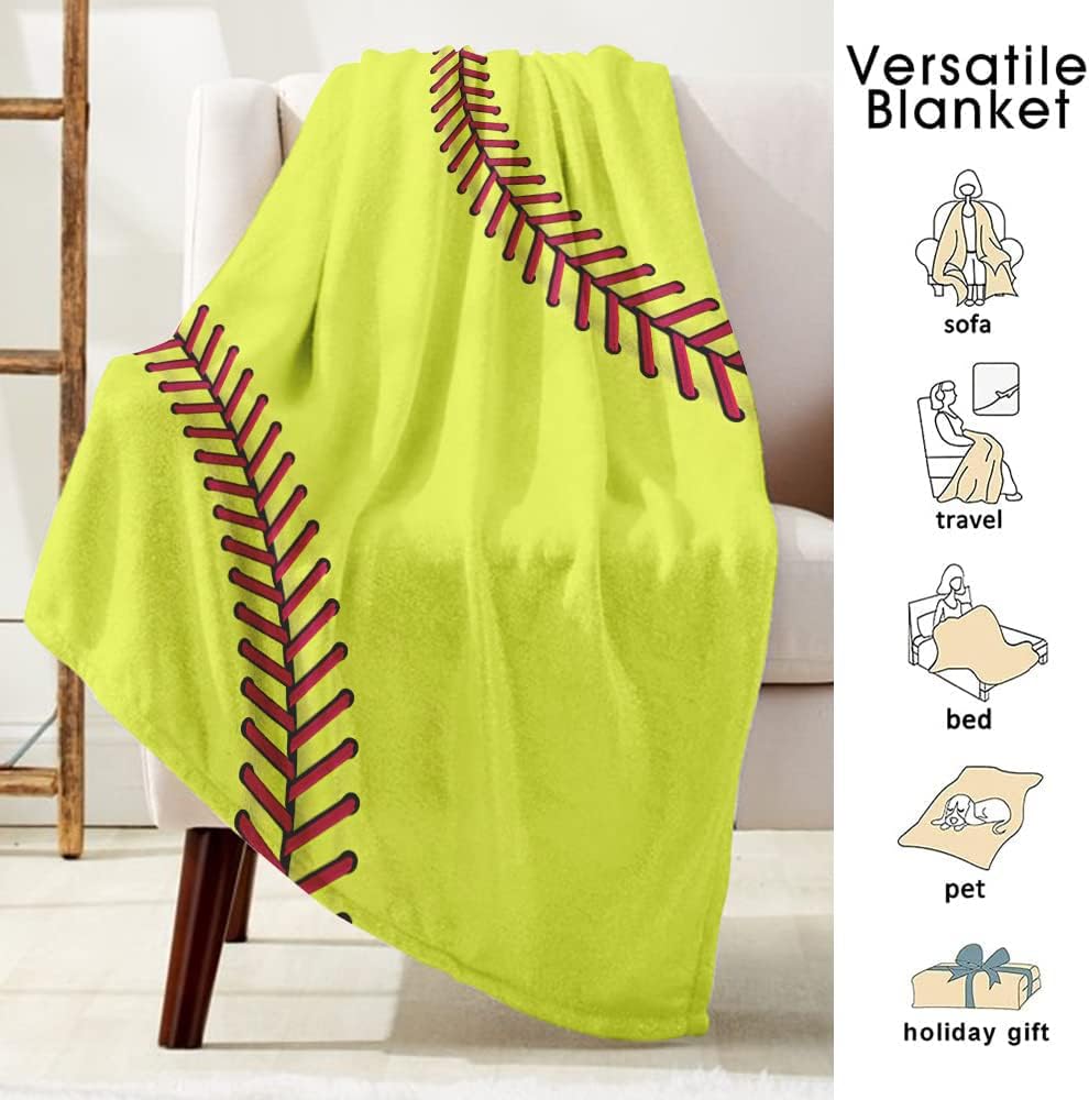 COLLA Softball Blanket, Softball Gift for Girls Youth, Soft Fuzzy Throw Blanket, 50x40 Inch, Green, Baseball Pattern, Unisex, Modern Style, Braid Embellishment WN420