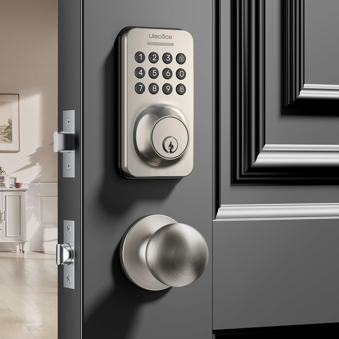 Ulecoce Keyless Entry Door Lock with Knob Set, Door Locks for Front Door with Handle Set, Auto Lock, One-Touch Lock, 100 Codes ＆ 3 Keys, Anti-Peeping Password, Easy Installation, Black