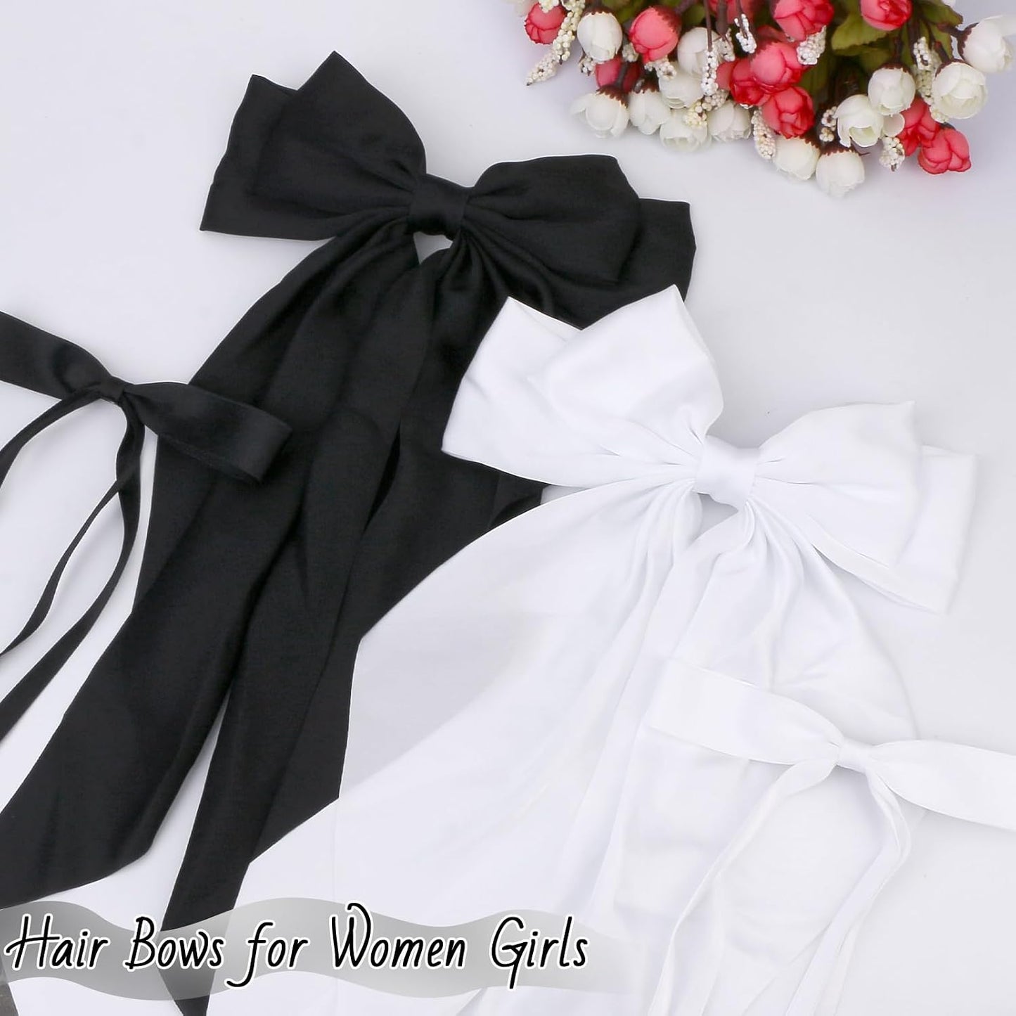 Yoseng Hair Bows Set: 4pcs Ribbon Hair Clips with Bowknots and Long Tails, 2 Sizes, for Women and Girls (Black, White) WN420