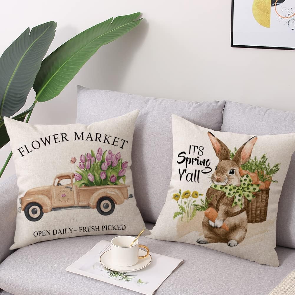Spring Easter Pillow Covers 18x18 Set of 2 Rabbit Bunny Carrot Truck Spring Flowers Decorative Throw Pillow Covers for Home Office Sofa Bed Couch BST326L