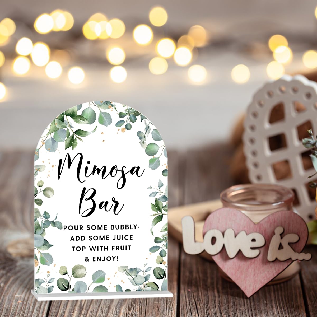 Acrylic Wedding Signs, Bubble Send Off Signs for Marriage Reception, Bridal Shower Decorations, Modern Arched Round Top Acrylic Table Top Sign with Holder for Wedding Party (White Eucalyptus Leaves) BST326L