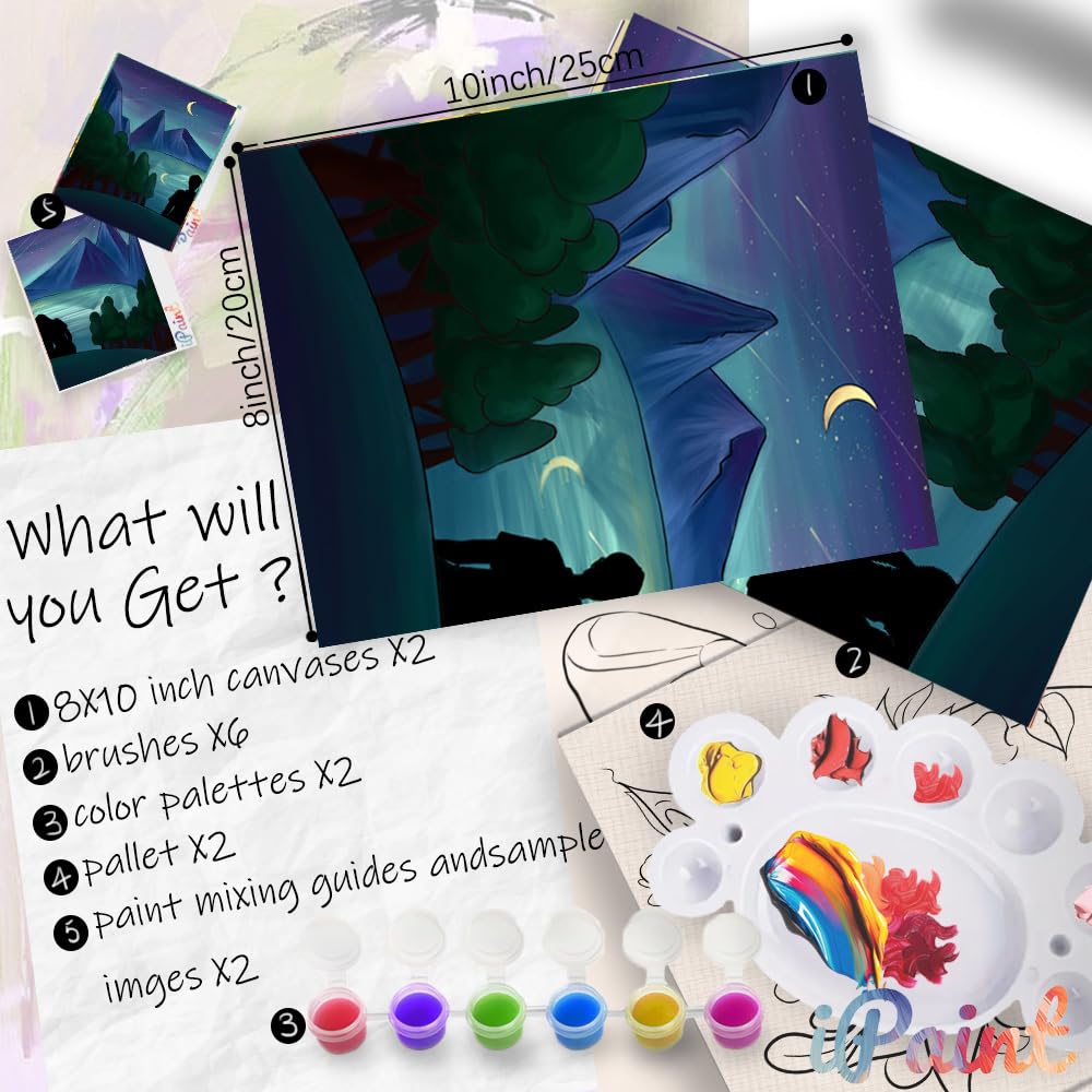 2Pcs Sip and Paint Kit for Adults,Valentines Couple Painting Kit Supplies Canvas, Pre Drawn Canvas to Paint for Date Night for Couples DIY Acrylic Painting Kits Party Favor 8×10 WN420