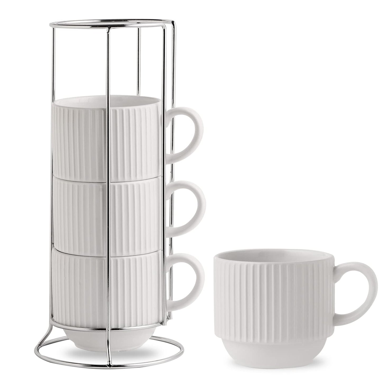 HASENSE 15 oz Ribbed Stackable Coffee Mug Set of 4, Porcelain Latte Cups with Metal Rack, Dishwasher & Microwave Safe, Cappuccino Tea Hot Cocoa, White BST220