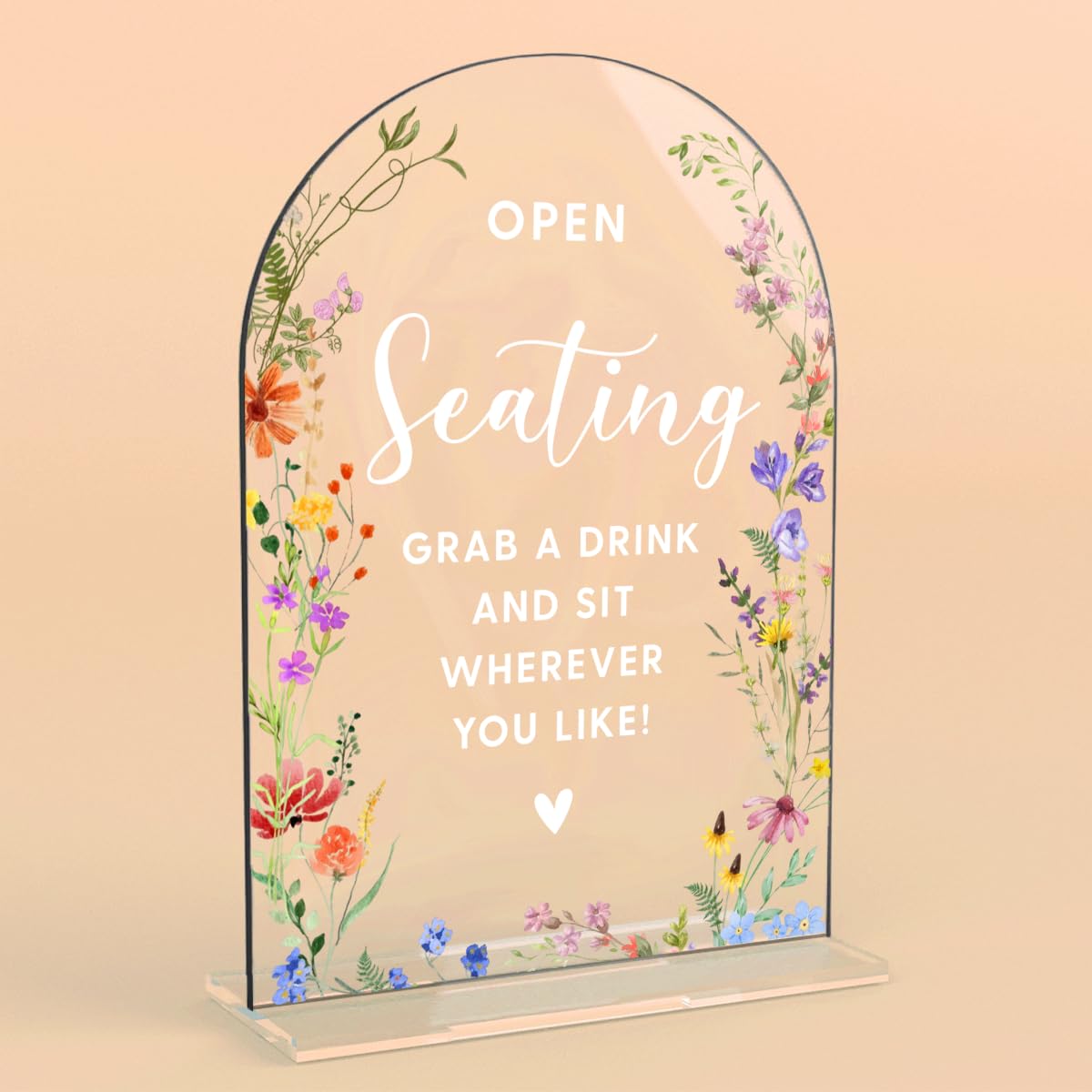Acrylic Wedding Signs, Pick A Card Signs for Marriage Reception, Bridal Shower Decorations, Modern Arched Round Top Acrylic Table Top Sign with Holder for Wedding Party Dinner (Clear Wildflowers) BST326L