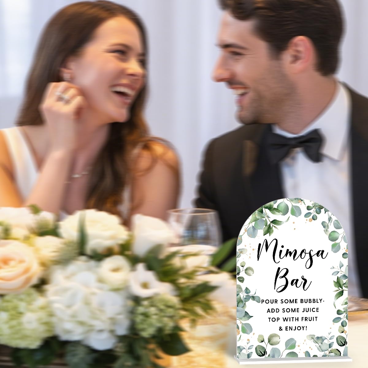 Acrylic Wedding Signs, Bubble Send Off Signs for Marriage Reception, Bridal Shower Decorations, Modern Arched Round Top Acrylic Table Top Sign with Holder for Wedding Party (White Eucalyptus Leaves) BST326L