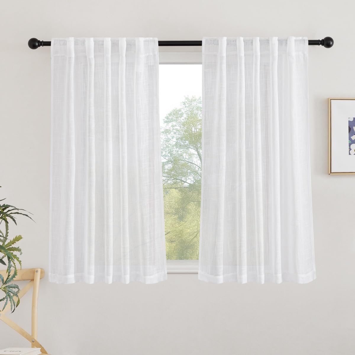 NICETOWN White Semi Sheer Kitchen Curtains 30 inch Length, Rod Pocket & Back Tab Faux Linen Blend Privacy with Light Filtering Window Drapes for Cafe, W34 x L30, 2 Panels BST220
