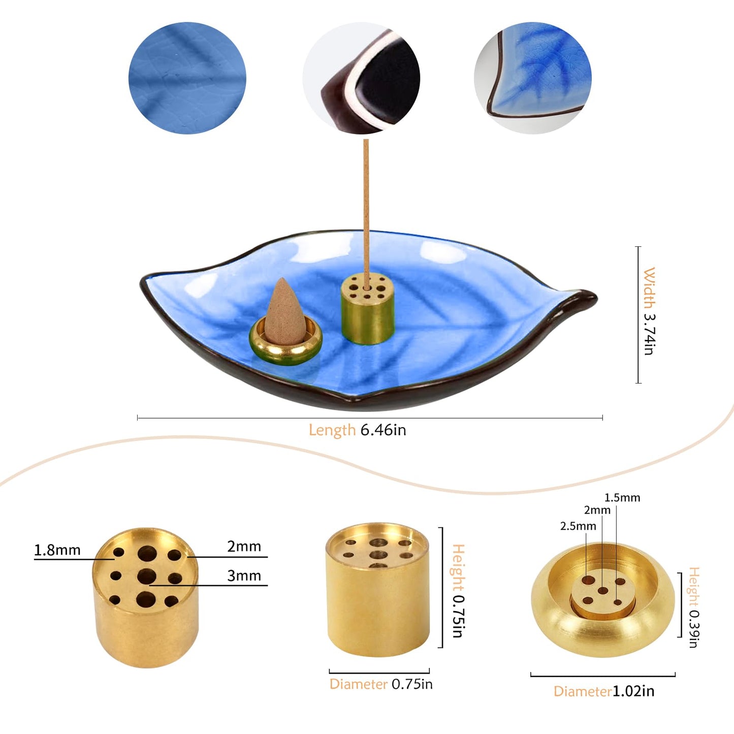 Incense Holder for Sticks (9 Holes) and Cones, Handmade Ceramic Incense Ash Catcher for Meditation, Yoga, SPA Days, Relaxing, Home Decor, Candle Holder, Easy to Clean, Leaf-Shape (Blue) BST220
