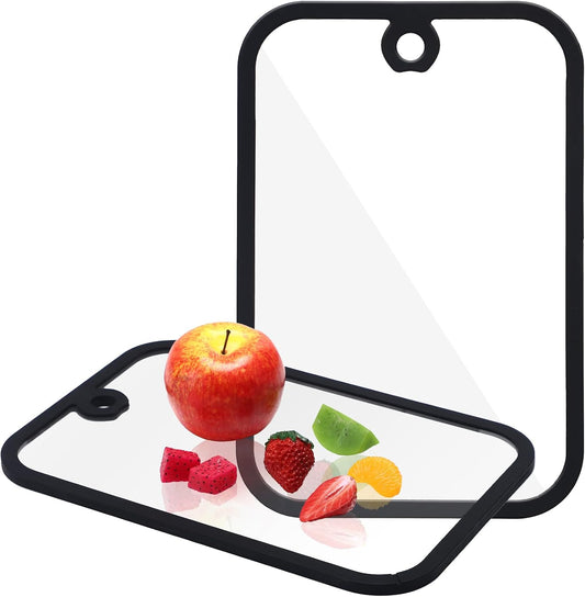 2 Pcs Tempered Glass Cutting Board Set 0.31inch Thick Tempered Glass Black Silicone Edged Chopping Boards with Hanging Holes for Kitchen Countertop & Serving, Dishwasher Safe BST326H