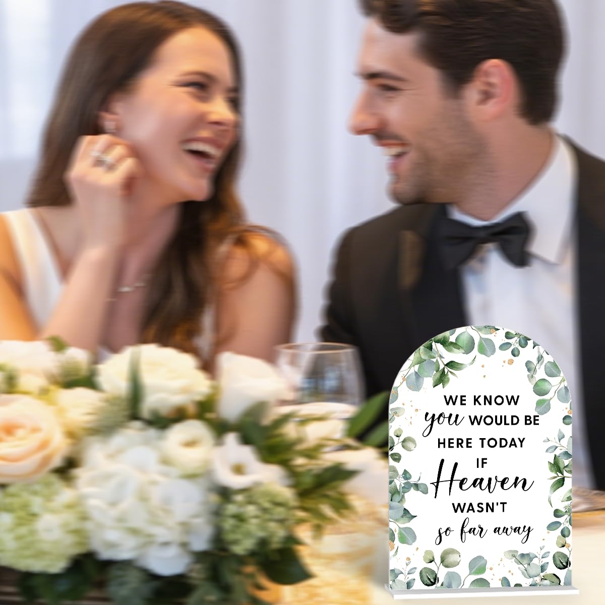 Acrylic Wedding Signs, Bubble Send Off Signs for Marriage Reception, Bridal Shower Decorations, Modern Arched Round Top Acrylic Table Top Sign with Holder for Wedding Party (White Eucalyptus Leaves) BST326L
