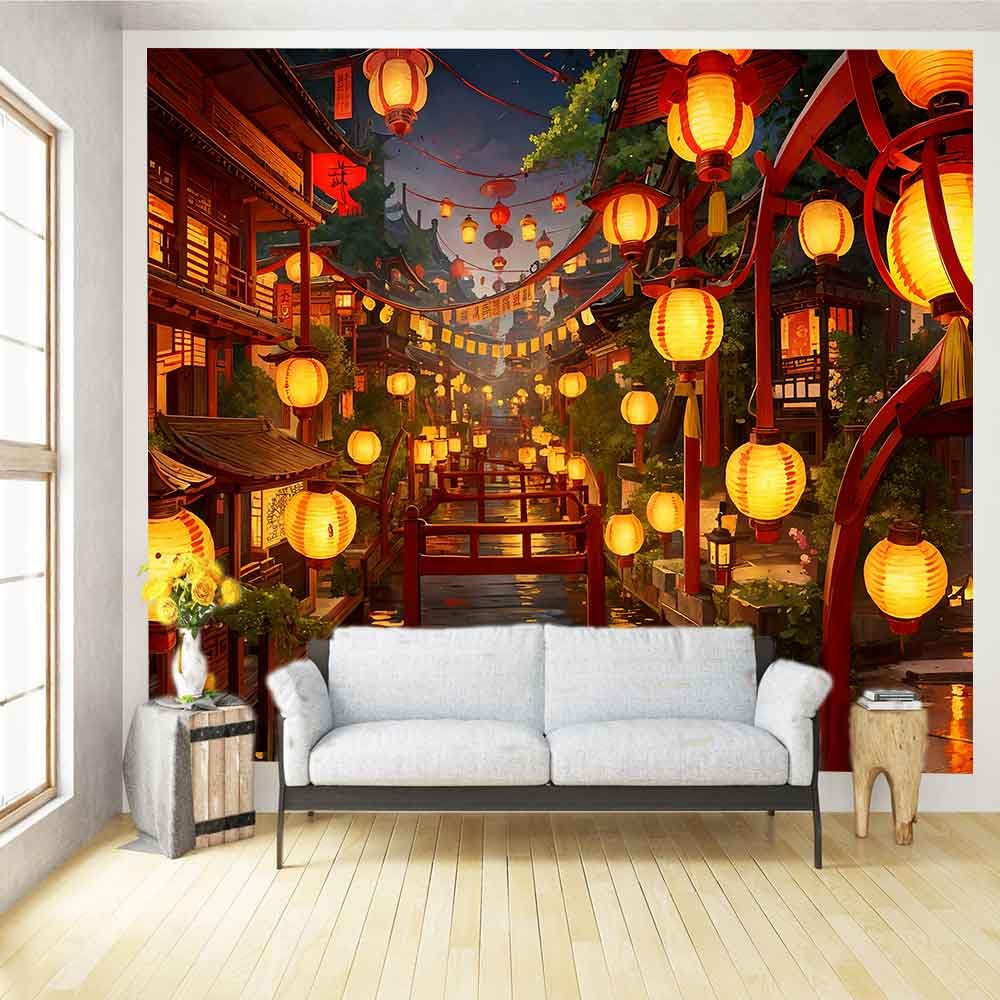 Ine Ive Japanese Tapestry Wall Hanging Large Size 93x71 Inch | Traditional Japan Streets filled with lanterns tapestry for Bedroom Living Room Dorm Office Restaurant Wall Decor BST202