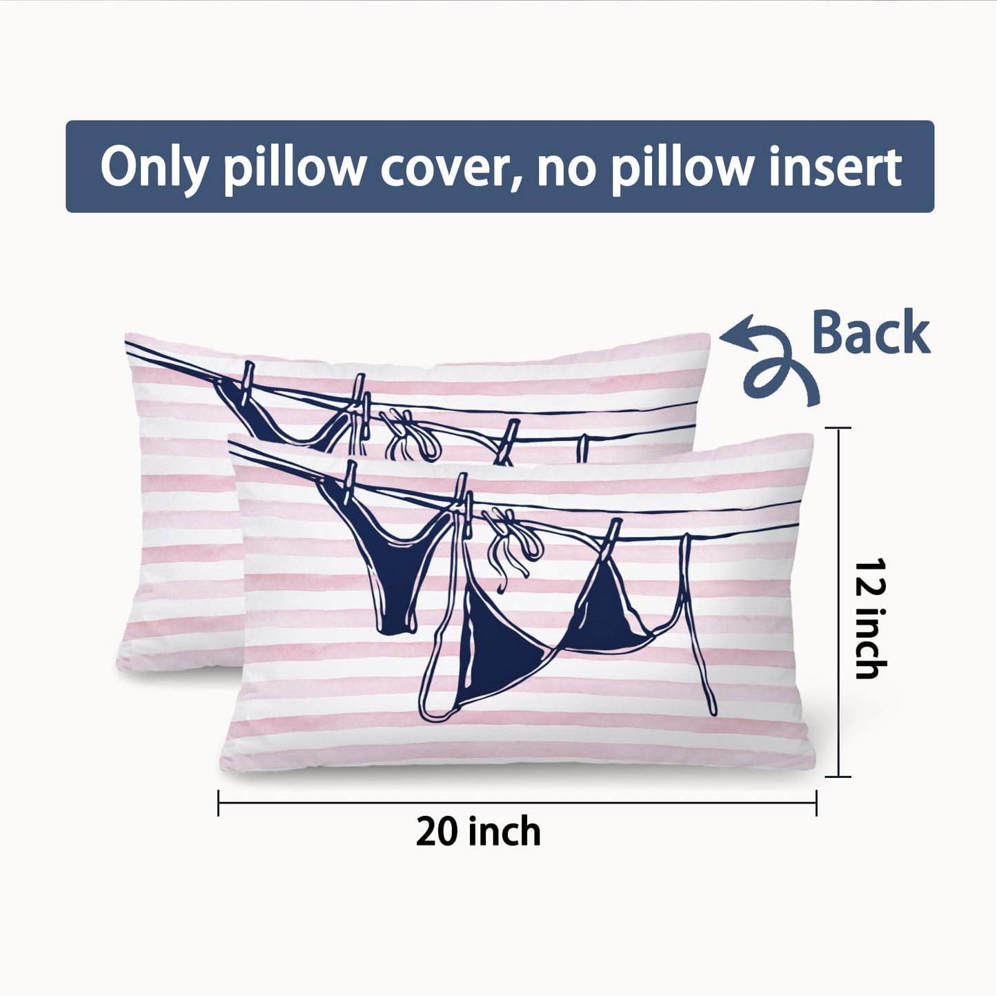 Coastal Beach Girly Room Decor 12x20 Pillow Cover, Preppy Beach Navy Blue Bikini Striped Decorative Lumbar Pillow Covers for Girls Bedroom College Dorm Sofa Couch BST326L
