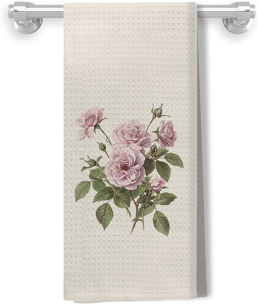 Pink Rose Floral Kitchen Dish Towels, Watercolor Rustic Pink Roses Flower Bouquet Decorative Hand Towels for Bathroom Kitchen, Floral Bathroom Decor, 16x24 Inch BST220