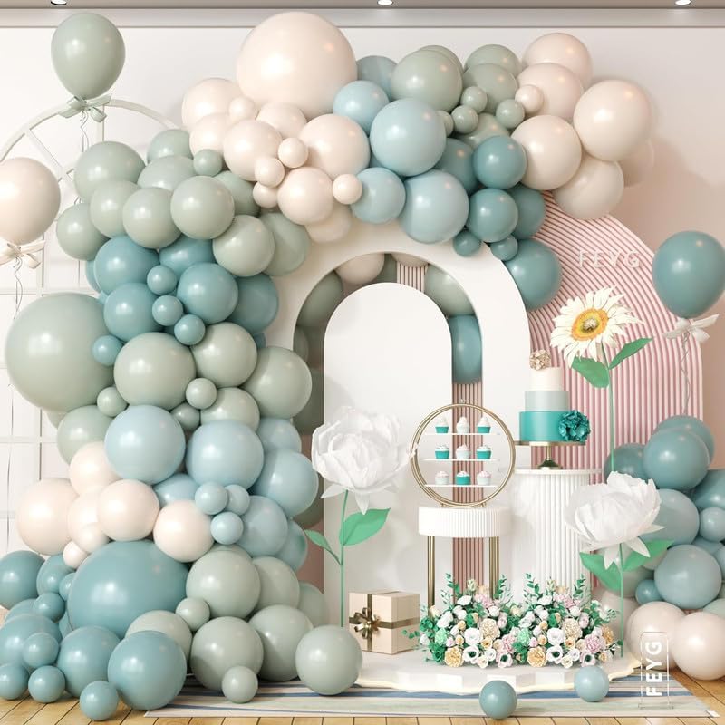 Dusty Green Blue Balloon Arch Kit, Fog Green Dusty Water Blue Beige Ivory Latex Balloons Garland Kit for Women Men Neutral Birthday Wedding Baby Bridal Shower Jungle Safari Party Decorations WN420