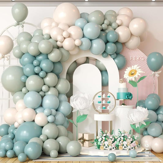 Dusty Green Blue Balloon Arch Kit, Fog Green Dusty Water Blue Beige Ivory Latex Balloons Garland Kit for Women Men Neutral Birthday Wedding Baby Bridal Shower Jungle Safari Party Decorations WN420