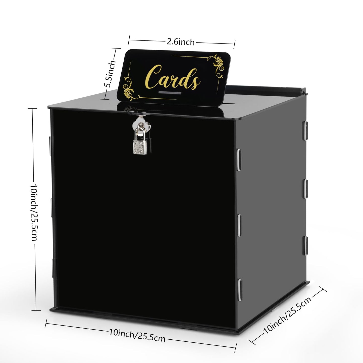 Fowecelt Acrylic Wedding Card Box with Lock Black Card Box DIY Large Rustic Card Box for Wedding Reception Bridal Shower Birthday Baby Shower Party Graduation Decorations (10x10x10 Inch) BST326H