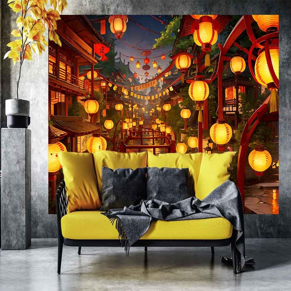 Ine Ive Japanese Tapestry Wall Hanging Large Size 93x71 Inch | Traditional Japan Streets filled with lanterns tapestry for Bedroom Living Room Dorm Office Restaurant Wall Decor BST202