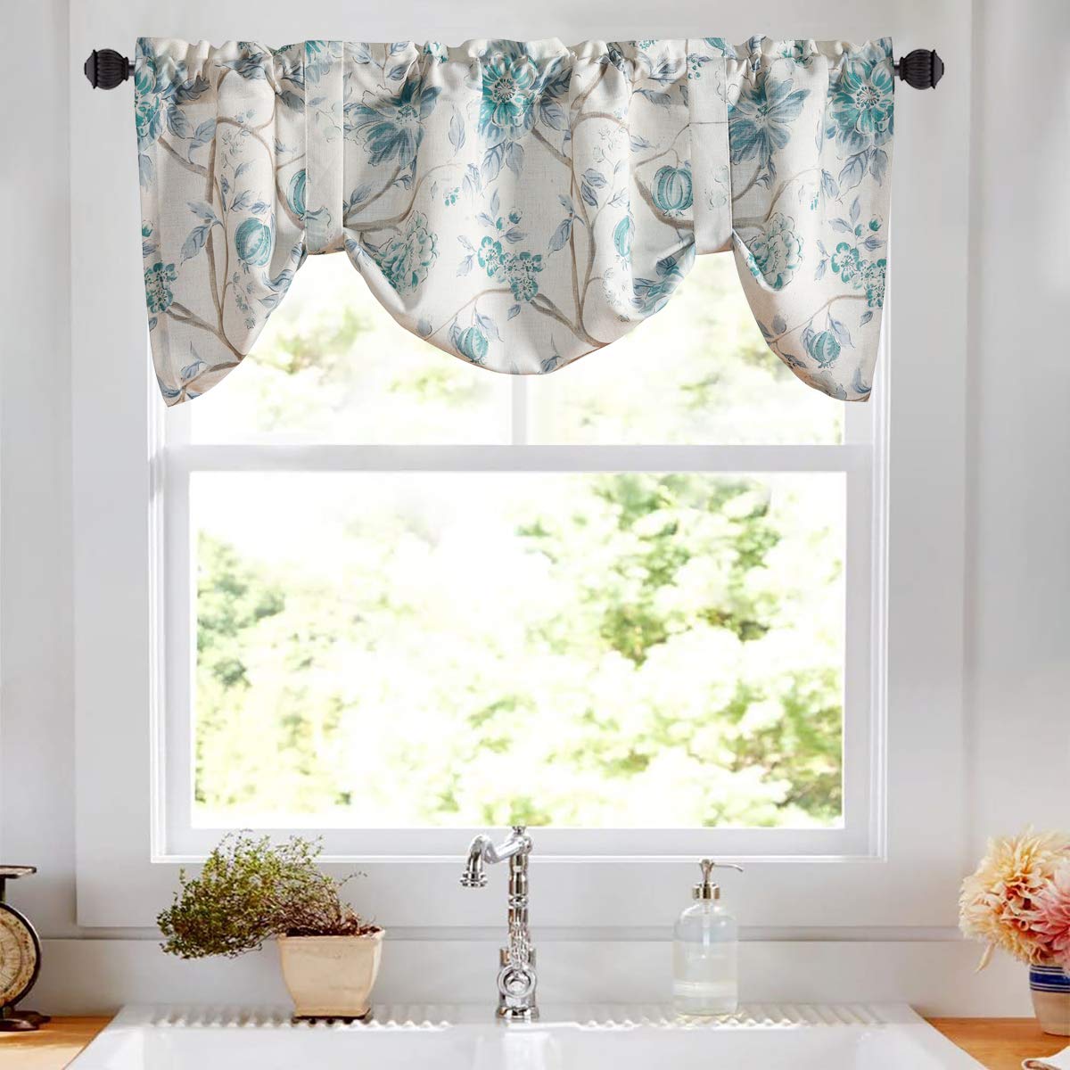 Leeva Tie Up Valance for Windows, Elegant Birds Pattern Light Filtering Window Treatment Valances for Bedroom Kitchen, One Panel, 52 x 18, Light Blue BST220