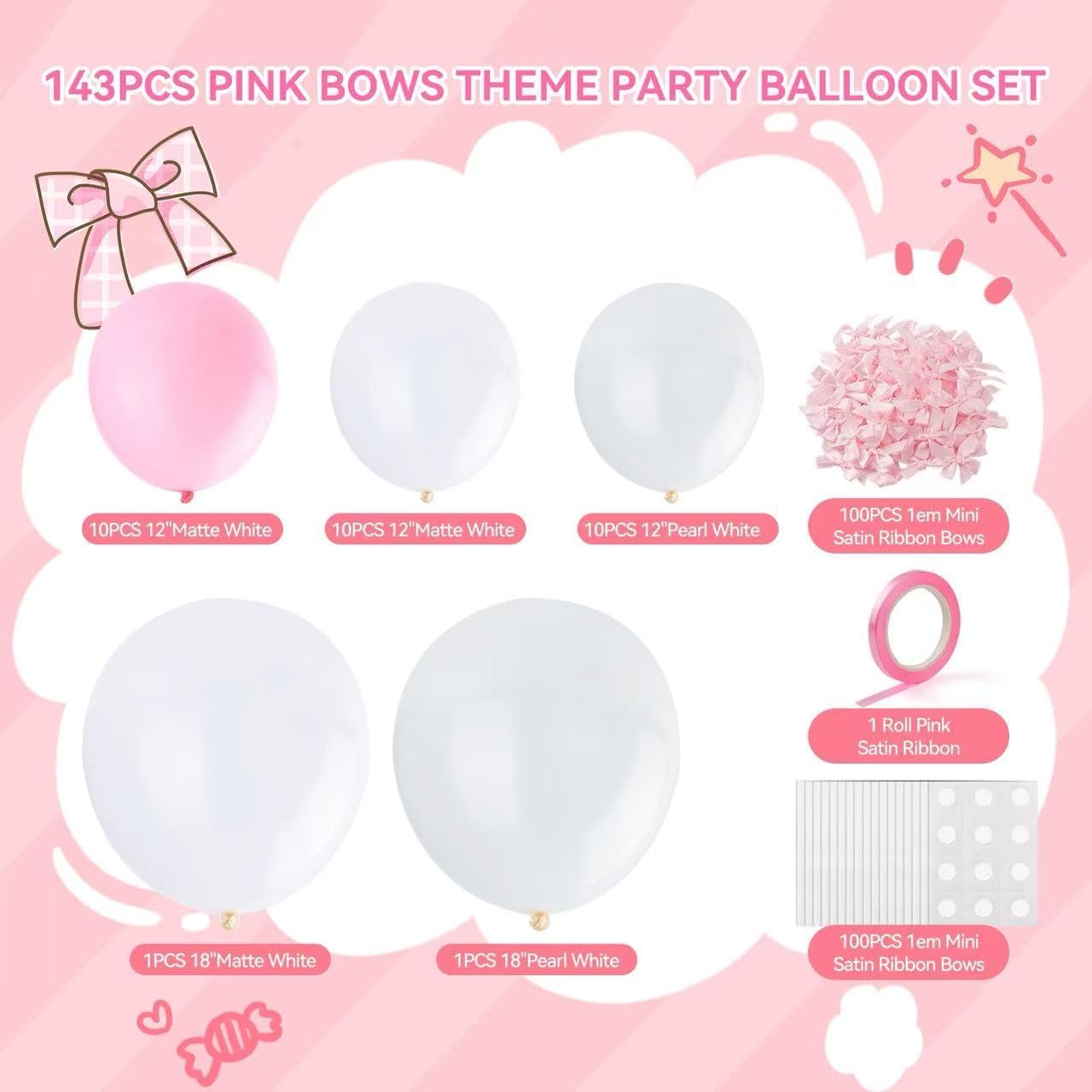 Pink Bow Balloons，32Pcs White Pink Balloons (18" & 12") & 100Pcs Mini Ribbon Bows DIY Bow Balloon Party Decor for Birthday, Wedding, Bachelorette, Anniversary Parties，Coquette Birthday Decorations BST326L
