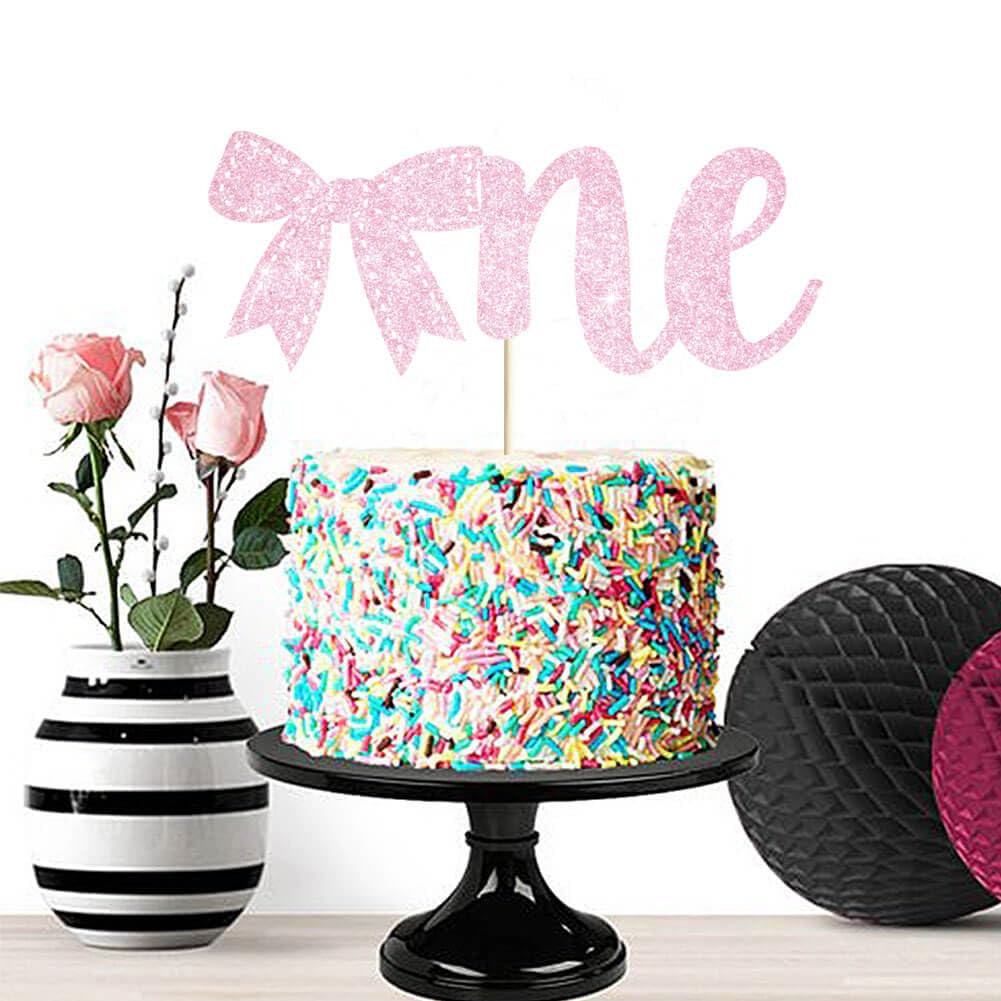 Bow 1st Birthday Cake Topper Black Glitter Bow Tie One Cake Topper Coquette One Cake Decorations for Girls Women Princess Baby Shower One Year Old Birthday Party Photo Smash Props BST220