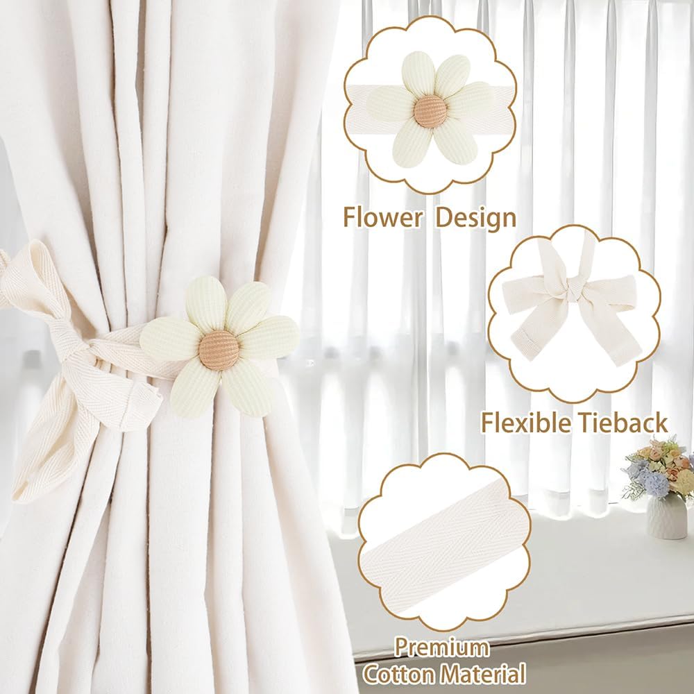 Flower Curtain Tiebacks, 2 Pack Cute Curtain Tie Backs Decorative Curtains Ties Set Tie Backs Holders for Windows Elegant Curtains Holdbacks for Home Office Bedroom Living Room Decoration(Beige) BST326H