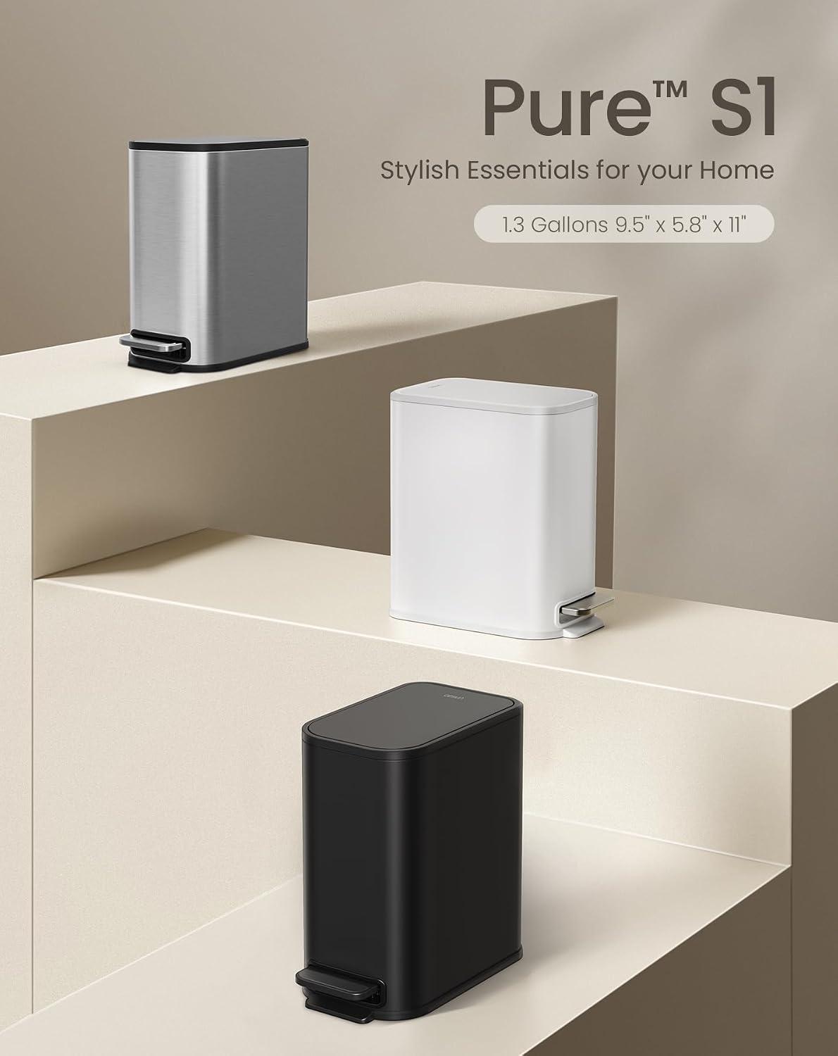 Cesun Small Bathroom Trash Can with Lid Soft Close, Step Pedal, 5 Liter / 1.3 Gallon Stainless Steel Garbage Can with Removable Inner Bucket, Waste Basket for Bathroom, Bedroom (White) DD1210