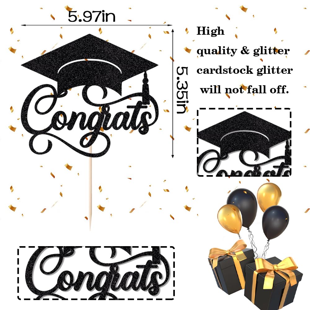 24Pcs Graduation Cupcake Topper, Glitter Class of 2026 Cupcake Topper Supplies for 2026 Congrats Grad Cap Diploma Cake Decor Graduate Celebration Party Cake Decorations Supplies (Black - 24) BST326L