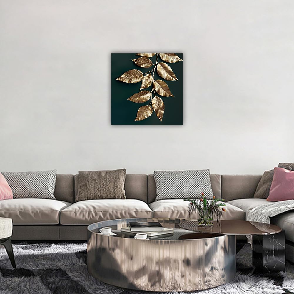 LURENCZH Leaf Canvas Wall Art Golden Leaf Picture Prints Green and Gold Paintings for Living Room Bedroom Decor Framed Ready to Hang(Green-1,12.00" x 12.00") BST326H