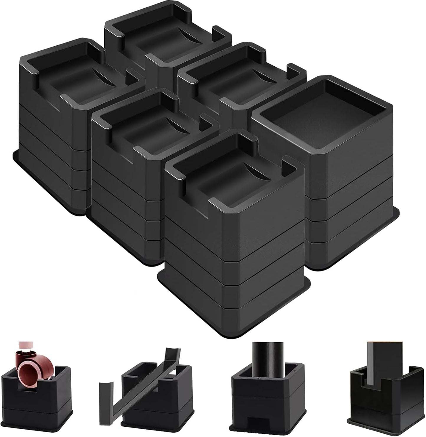 MYMULIKE Bed Risers 6 Pack, 4 inch Bed Lifts Risers for Casters Wheel, Adjustable Height 2, 3 or 4 inch Heavy Duty 6000lbs Bed Furniture Risers for Bed Frame, Furniture, Table, Black BST202