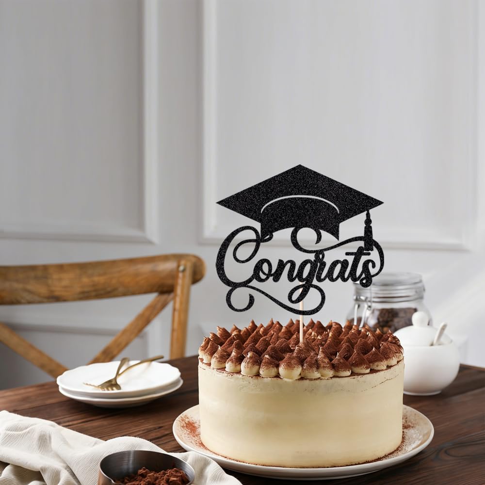 24Pcs Graduation Cupcake Topper, Glitter Class of 2026 Cupcake Topper Supplies for 2026 Congrats Grad Cap Diploma Cake Decor Graduate Celebration Party Cake Decorations Supplies (Black - 24) BST326L