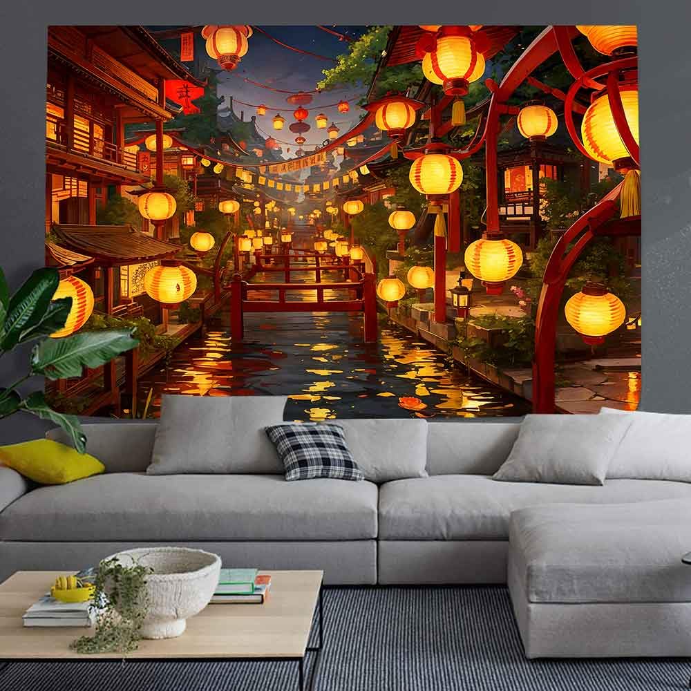 Ine Ive Japanese Tapestry Wall Hanging Large Size 93x71 Inch | Traditional Japan Streets filled with lanterns tapestry for Bedroom Living Room Dorm Office Restaurant Wall Decor BST202