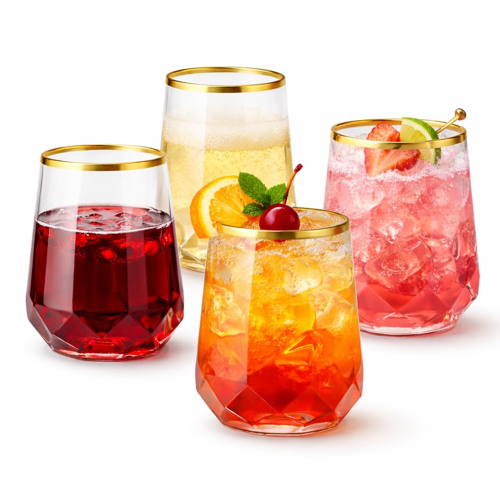 Oojami 40 Pack Diamond Disposable Plastic Wine Glasses 12oz for Parties | Stemless Wine Cups, Champagne Cocktail Whiskey - Shatterproof Unbreakable Reusable Recyclable BPA-Free, Weddings Birthday BST220
