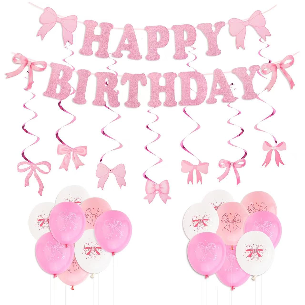 Black Bow Birthday Decorations Set - Coquette Theme Party Supplies with Happy Birthday Banner Garland, Hanging Swirls, Bow Balloons for Women Black Party Decorations Supplies (black) BST326L
