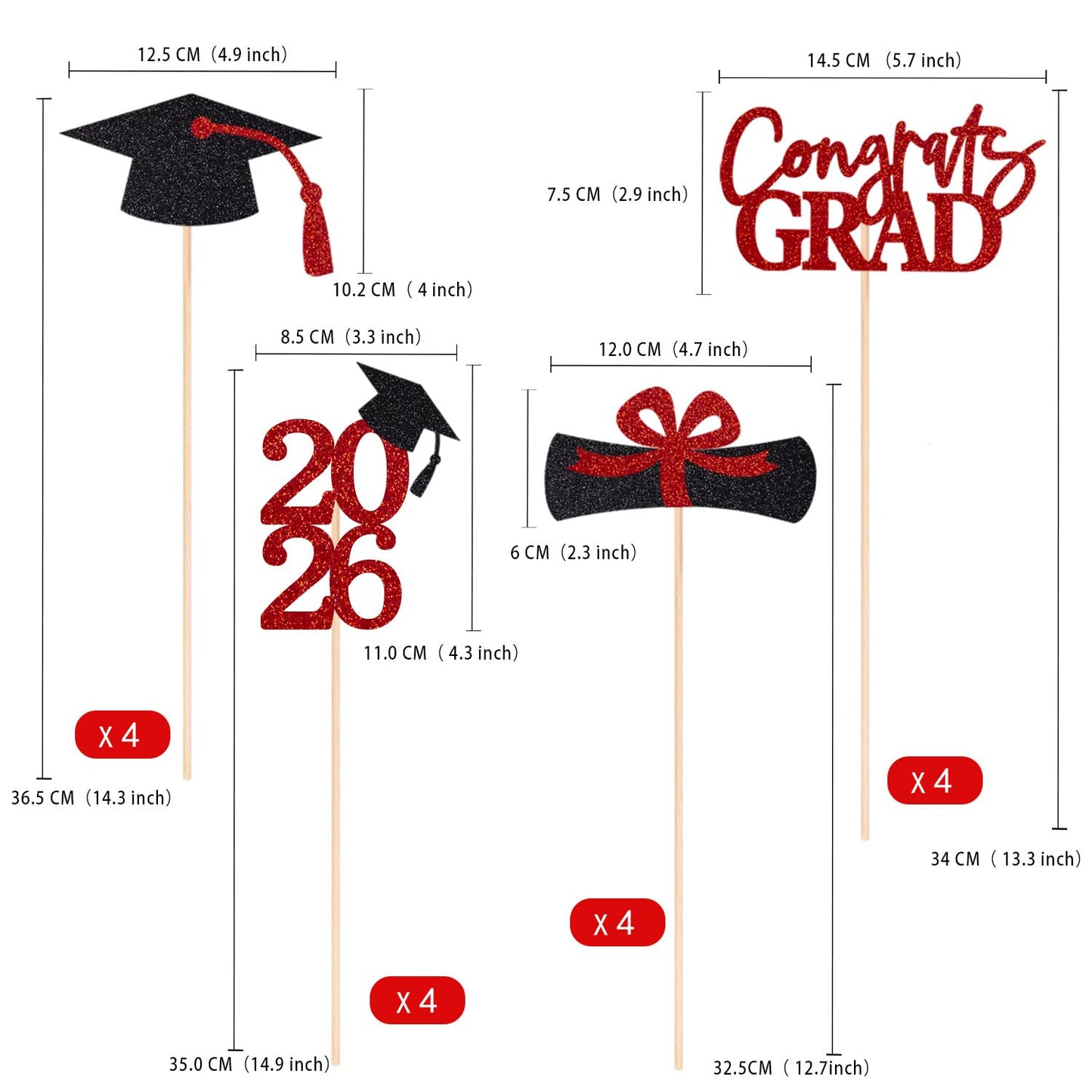 Graduation Centerpieces Class of 2026, 16 PCS Red Blue Double-Sided Table Toppers, Congrats Grad Party Decorations Supplies (Set of 4 Designs) WN420