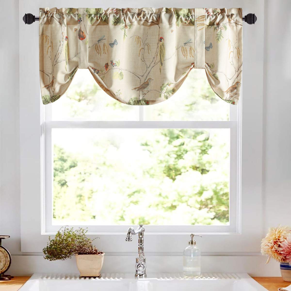 Leeva Tie Up Valance for Windows, Elegant Birds Pattern Light Filtering Window Treatment Valances for Bedroom Kitchen, One Panel, 52 x 18, Light Blue BST220