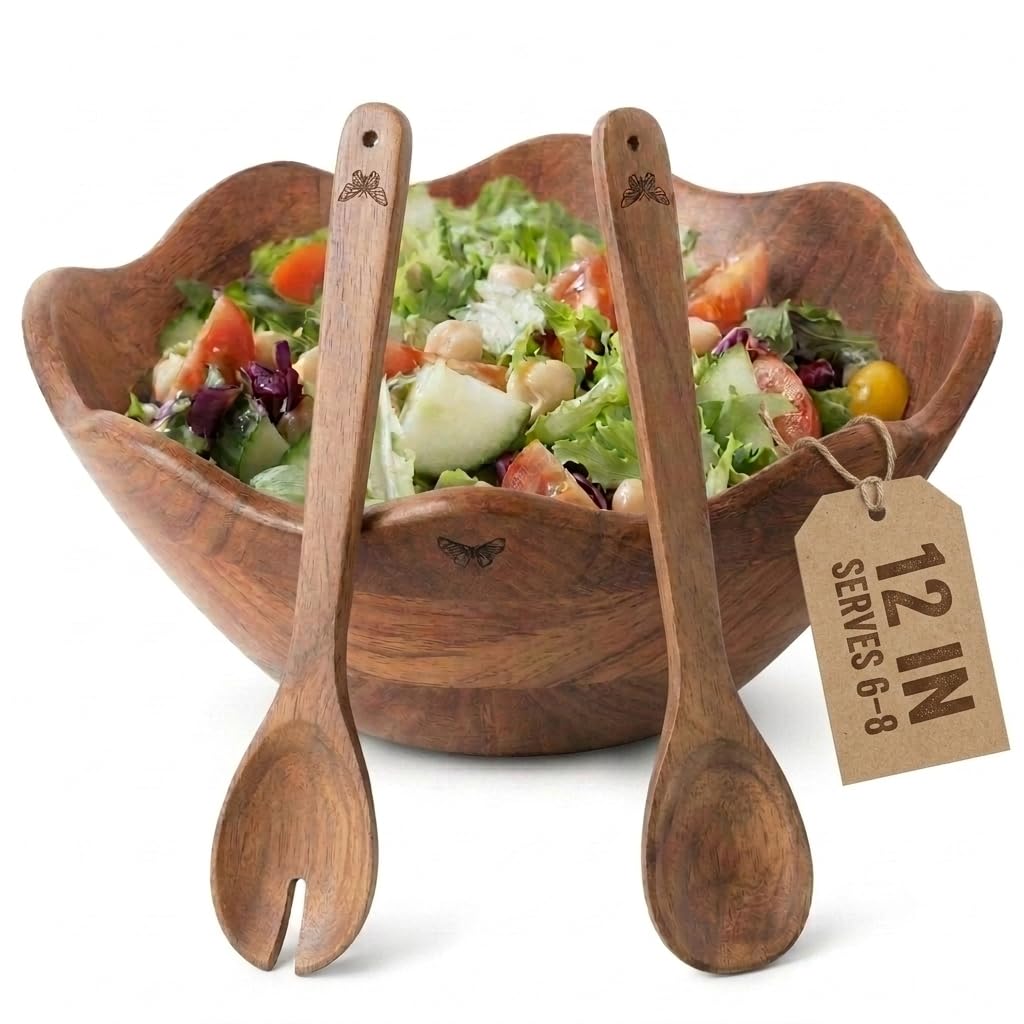 Melvvi Large Wooden Salad Bowl Set with 2 Serving Utensils | 12" Acacia Wood Bowls for Food | Great Mothers Day gift (Natural Set of 3) BST220