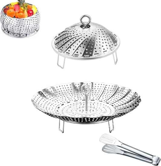 304 Stainless Steel Vegetable Steamer Basket, Expandable Insert for Cooking, Fits 6.4 to 10.2 Inch Pots, Includes 7.3 Inch Kitchen Tongs WN420
