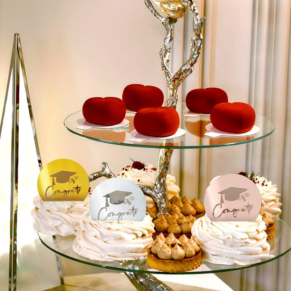 36 Pcs Graduation Cupcake Toppers Acrylic Cake Disc Toppers Graduation Mirror Cake Toppers Happy Graduate Party Supplies Decor(Gold/Rose Gold/Silver) BST326L